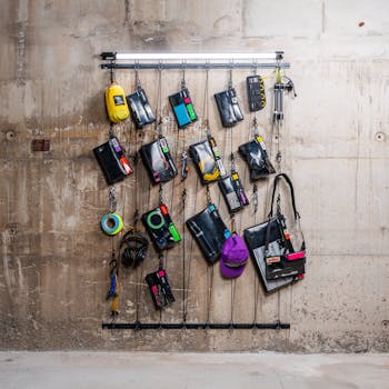 Camera gear and accessories neatly arranged on a concrete wall in Sundsvall, Sweden.